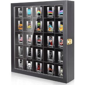 tutata Shot Glass Display Case, 25 Slots Shot Glass Holder with Door, Wall Mounted Shot Glass Storage Case, Black