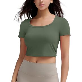 Workout Crop Tops for Women Square Neck Short Sleeve T-Shirt Athletic Gym Yoga Clothes