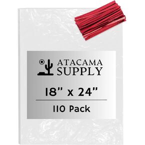 [110 Pack] 18x24 inches 1 Mil Clear Plastic Flat Open Poly Bags with Ties, Clear Plastic Bags for Proofing Bread, Dough, Storage, Packaging, Storing Toys, Artwork and Photos and More