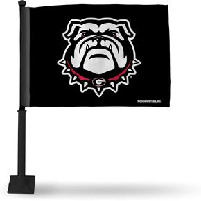Rico Industries NCAA Georgia Bulldogs Black Flag W' Bull Dog Car Flag W' Black Pole Double Sided Car Flag - 16" x 19" - Strong Pole That Hooks onto Car/Truck/Automobile