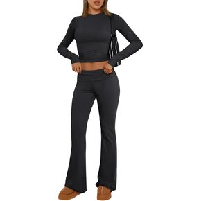 Trendy Queen Lounge Sets For Women 2 Piece Pajama Outfits Long Sleeve Shirts and Fold Over Yoga Pants Two Piece Workout Sets