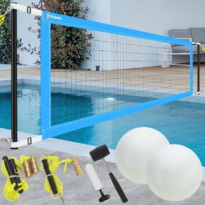 Length Adjustable 15ft-25ft Pool Volleyabll Net, Upgraded Sturdy Poolside Volleyball Net Set System with 2 Water Volleyballs, Pump and Hammer for Easy Installation