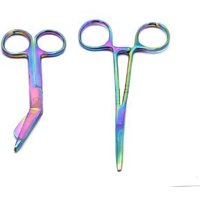 Heavy Duty Multi Rainbow Color Lister Bandage Trauma Shears Scissors + Hemostat Forceps Straight Premium Quality (ODONTOMED2011) (5.5" Scissors + 6" Straight Hemostat)