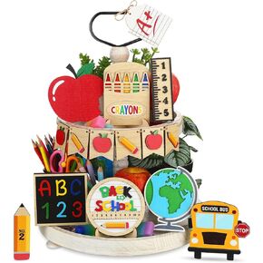 14 Pcs Back to School Tiered Tray Decorations First Day of School Wooden Table Centerpiece Assorted Freestanding Back to School Tiered Tray Signs for Students Teacher Gift Classroom Home in Kuwait