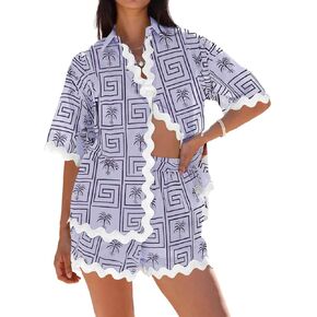 Tankaneo Womens 2 Piece Outfits Button Down Shirts and Short Sets Print Casual Summer Beach Hawaii Tracksuits
