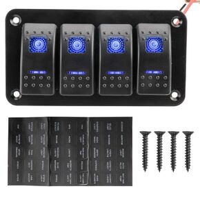 Amarine Made 12-24V Boat Switch Panel Illuminated Rocker Switch Aluminum Pre-wired Panel 2,3,4,5,6,8 Gang Toggle Switches Dash 5 Pin ON/Off 2 LED Backlit for Bus Boat Car Marine Blue LED IP65 (4 Gang)