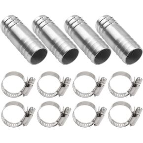 4Pcs 1in 304 Stainless Steel Hose Barb Splicer Mender Union Air Water Fuel Coupler Fitting with 8Pcs Hose Clamp