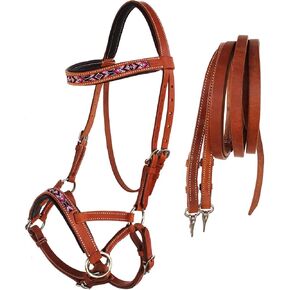 CHALLENGER Horse Western Padded Leather Beaded Bitless Sidepull Bridle Reins 77RT13TN-F