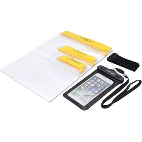 Waterproof Bags, Water Tight Cases Pouch Dry Bags + Waterproof Phone Pouch with Armband for Camera Mobile Phone Maps Pouch Document Holder Kayak Military Boat- 4 Piece Set