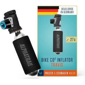 Micro CO2 Bike Pump Travis - for Presta & Schrader Valves I Extreme small & light (27g) I with knob for optimal control I for 16, 20 or 25g threaded cartridge (Not included)