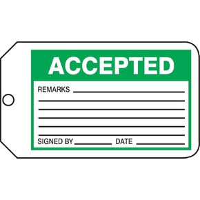 Accuform MMT301CTP PF-Cardstock Production Control Tag, Legend "Accepted", 5.75" Length x 3.25" Width x 0.010" Thickness, Green/Black on White (Pack of 25)