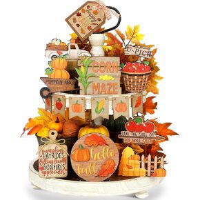 Set of 15 Fall Tiered Tray Decor Pumpkins Farmhouse Decor Autumn Maple Leaf Table Centerpieces Thanksgiving Harvest Wood Blocks Signs for Home Decor(Classic Style)