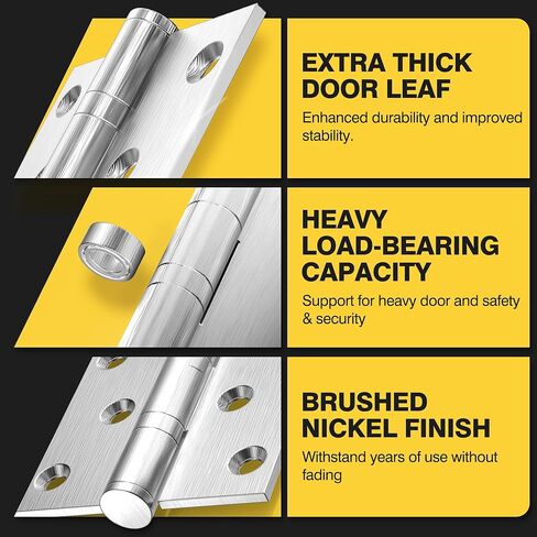 Ball Bearing Door Hinges, 5 x 3 Inches Door Hinges with Commercial Grade Stainless Steel, Square Corner with Extra Thick 3mm, Heavy Duty and No Squeak, Non Removable Pin, Brushed Nickel, 3 Pack in Saudi Arabia