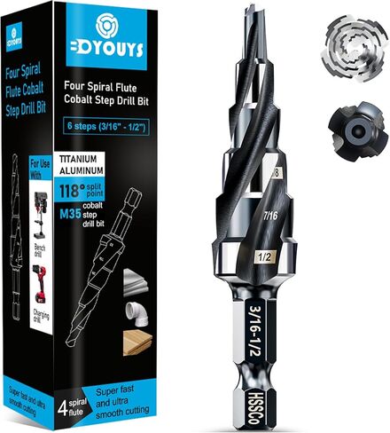 BOYOUYS أربعة دوامة الناي M35 خطوة مثقاب مجموعة 3/16 "-1/2" (6 أحجام)، 1/4 "عرقوب لخطوة مثقاب معدنية، مقاومة للصدمات الكوبالت خطوة مثقاب، للفولاذ المقاوم للصدأ والخشب والألومنيوم والبلاستيك in Saudi Arabia