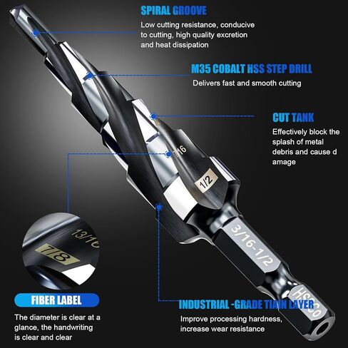 BOYOUYS أربعة دوامة الناي M35 خطوة مثقاب مجموعة 3/16 "-1/2" (6 أحجام)، 1/4 "عرقوب لخطوة مثقاب معدنية، مقاومة للصدمات الكوبالت خطوة مثقاب، للفولاذ المقاوم للصدأ والخشب والألومنيوم والبلاستيك in Saudi Arabia