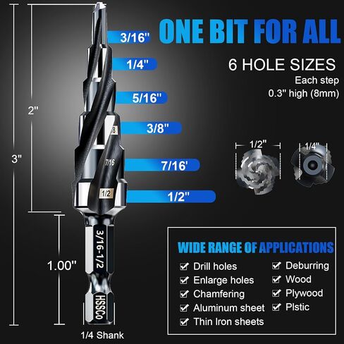 BOYOUYS أربعة دوامة الناي M35 خطوة مثقاب مجموعة 3/16 "-1/2" (6 أحجام)، 1/4 "عرقوب لخطوة مثقاب معدنية، مقاومة للصدمات الكوبالت خطوة مثقاب، للفولاذ المقاوم للصدأ والخشب والألومنيوم والبلاستيك in Saudi Arabia