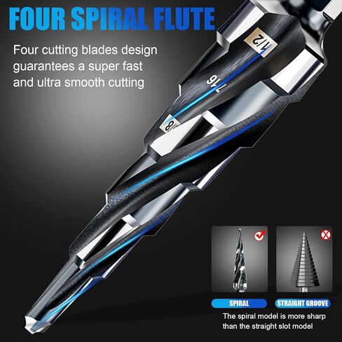 BOYOUYS أربعة دوامة الناي M35 خطوة مثقاب مجموعة 3/16 "-1/2" (6 أحجام)، 1/4 "عرقوب لخطوة مثقاب معدنية، مقاومة للصدمات الكوبالت خطوة مثقاب، للفولاذ المقاوم للصدأ والخشب والألومنيوم والبلاستيك in Saudi Arabia