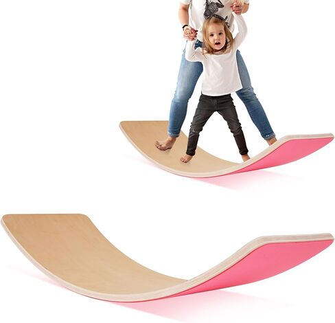 Signature Fitness Balance Board Wooden Wobble, 32 Inch Montessori Rocker Yoga Curvy Board Natural Wood, Kids Toddler Open Ended Learning Toy, Sensory Play Equipment for Office & Classroom in Saudi Arabia