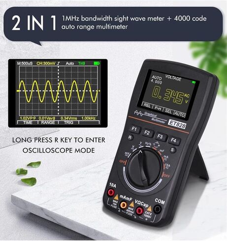 راسم الذبذبات ET-828، جهاز قياس الذبذبات LED الاحترافي 2 في 1 بإضاءة خلفية LED، معدل أخذ العينات 2.5 ميجا ثانية في الثانية، التقاط الموجي التلقائي، اختبار الجهد الكهربي للتيار المستمر/التيار المتردد، مفتاح زر واحد in Kuwait