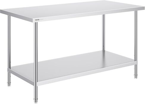 VEVOR Stainless Steel Prep Table, 30 x 60 x 34 Inch, 910 lbs Load Capacity, Heavy Duty Metal Worktable with 3 Adjustable Height Levels, Commercial Workstation for Kitchen Garage Restaurant Backyard in Saudi Arabia