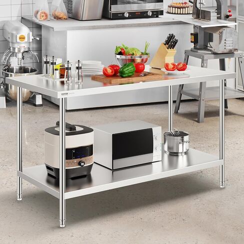 VEVOR Stainless Steel Prep Table, 30 x 60 x 34 Inch, 910 lbs Load Capacity, Heavy Duty Metal Worktable with 3 Adjustable Height Levels, Commercial Workstation for Kitchen Garage Restaurant Backyard in Saudi Arabia