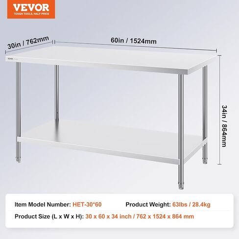 VEVOR Stainless Steel Prep Table, 30 x 60 x 34 Inch, 910 lbs Load Capacity, Heavy Duty Metal Worktable with 3 Adjustable Height Levels, Commercial Workstation for Kitchen Garage Restaurant Backyard in Saudi Arabia