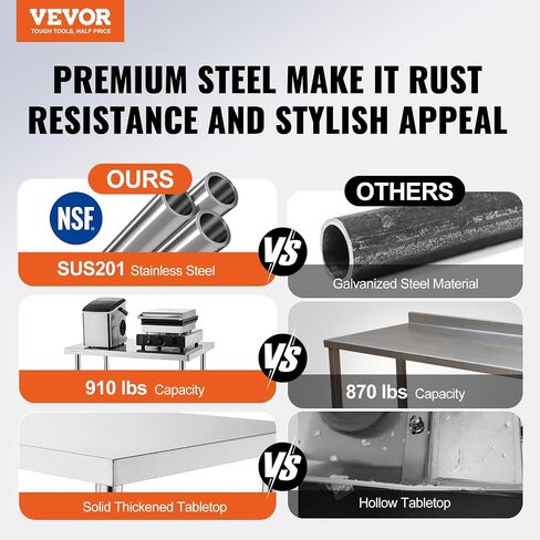 VEVOR Stainless Steel Prep Table, 30 x 60 x 34 Inch, 910 lbs Load Capacity, Heavy Duty Metal Worktable with 3 Adjustable Height Levels, Commercial Workstation for Kitchen Garage Restaurant Backyard in Saudi Arabia
