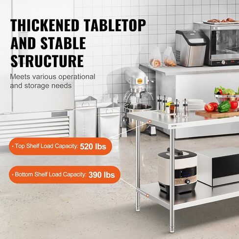 VEVOR Stainless Steel Prep Table, 30 x 60 x 34 Inch, 910 lbs Load Capacity, Heavy Duty Metal Worktable with 3 Adjustable Height Levels, Commercial Workstation for Kitchen Garage Restaurant Backyard in Saudi Arabia