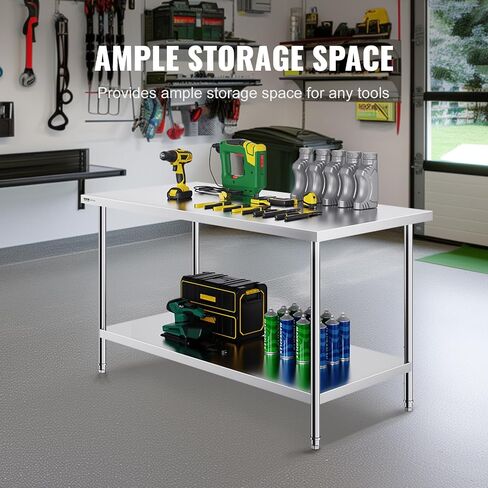 VEVOR Stainless Steel Prep Table, 30 x 60 x 34 Inch, 910 lbs Load Capacity, Heavy Duty Metal Worktable with 3 Adjustable Height Levels, Commercial Workstation for Kitchen Garage Restaurant Backyard in Saudi Arabia