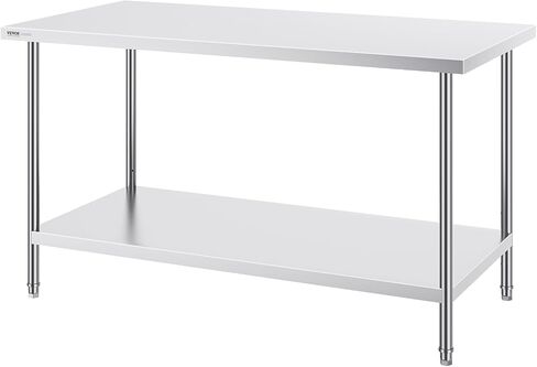 VEVOR Stainless Steel Prep Table, 30 x 60 x 34 Inch, 910 lbs Load Capacity, Heavy Duty Metal Worktable with 3 Adjustable Height Levels, Commercial Workstation for Kitchen Garage Restaurant Backyard in Saudi Arabia