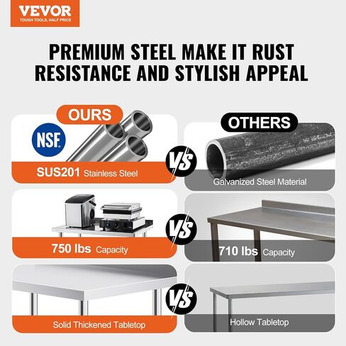 VEVOR 24 x 36 x 40 Inch Stainless Steel Work Table, Commercial Food Prep Worktable with Casters, Heavy Duty Prep Worktable, Metal Work Table with Adjustable Height for Restaurant, Home and Hotel in Saudi Arabia