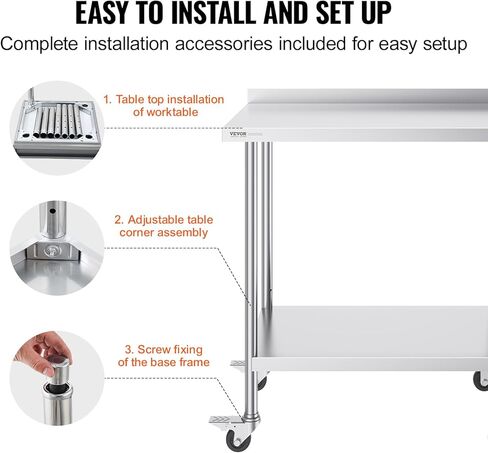 VEVOR 24 x 36 x 40 Inch Stainless Steel Work Table, Commercial Food Prep Worktable with Casters, Heavy Duty Prep Worktable, Metal Work Table with Adjustable Height for Restaurant, Home and Hotel in Saudi Arabia