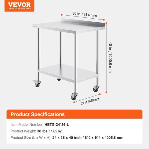 VEVOR 24 x 36 x 40 Inch Stainless Steel Work Table, Commercial Food Prep Worktable with Casters, Heavy Duty Prep Worktable, Metal Work Table with Adjustable Height for Restaurant, Home and Hotel in Saudi Arabia