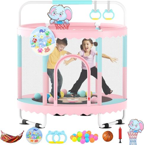 Trampoline for Kids 60''/48'' Toddler Trampoline, Outdoor Indoor Recreational Trampolines with Enclosure Net, Swing, Adjustable Gymnastics Bars, Basketball Hoop, Dartboard, Gifts for Boys & Girls in Saudi Arabia
