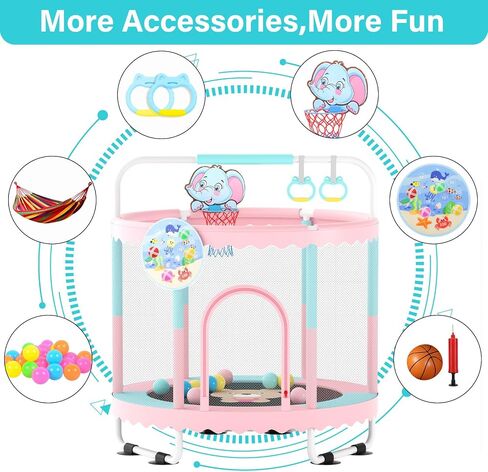 Trampoline for Kids 60''/48'' Toddler Trampoline, Outdoor Indoor Recreational Trampolines with Enclosure Net, Swing, Adjustable Gymnastics Bars, Basketball Hoop, Dartboard, Gifts for Boys & Girls in Saudi Arabia