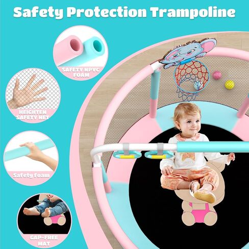 Trampoline for Kids 60''/48'' Toddler Trampoline, Outdoor Indoor Recreational Trampolines with Enclosure Net, Swing, Adjustable Gymnastics Bars, Basketball Hoop, Dartboard, Gifts for Boys & Girls in Saudi Arabia