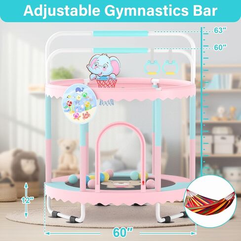 Trampoline for Kids 60''/48'' Toddler Trampoline, Outdoor Indoor Recreational Trampolines with Enclosure Net, Swing, Adjustable Gymnastics Bars, Basketball Hoop, Dartboard, Gifts for Boys & Girls in Saudi Arabia