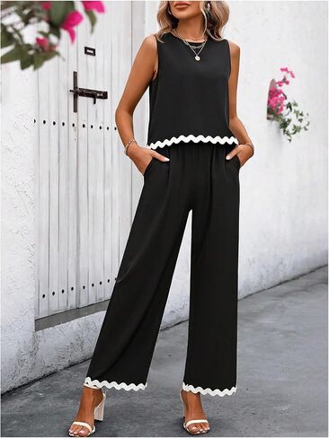 بدلة رياضية نسائية مكونة من قطعتين من MakeMeChic ذات ألوان صدفية بدون أكمام وبنطلون واسع الساق in Saudi Arabia