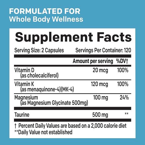 كبسولات جليسينات المغنيسيوم المخلبية 4 في 1 500 ملغ - مكمل المغنيسيوم مع التورين وفيتامين D3 وK2 - جليسينات المغنيسيوم العضوي للعظام والعضلات والاسترخاء - غير معدل وراثيًا وخالي من الغلوتين (240 قطعة) in Kuwait