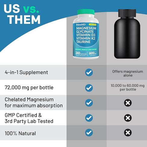 كبسولات جليسينات المغنيسيوم المخلبية 4 في 1 500 ملغ - مكمل المغنيسيوم مع التورين وفيتامين D3 وK2 - جليسينات المغنيسيوم العضوي للعظام والعضلات والاسترخاء - غير معدل وراثيًا وخالي من الغلوتين (240 قطعة) in Kuwait