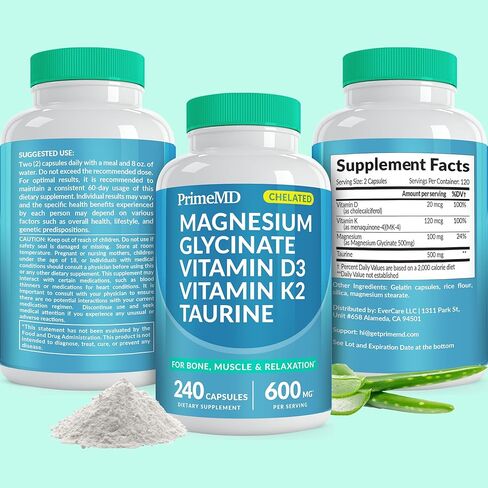 كبسولات جليسينات المغنيسيوم المخلبية 4 في 1 500 ملغ - مكمل المغنيسيوم مع التورين وفيتامين D3 وK2 - جليسينات المغنيسيوم العضوي للعظام والعضلات والاسترخاء - غير معدل وراثيًا وخالي من الغلوتين (240 قطعة) in Kuwait