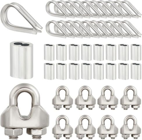 ahandmaker 75pcs سلك حبل المشبك عدة سلك معدني حبل كابل كليب المشابك الخرز المنزلق والكشتبانات الفولاذ المقاوم للصدأ لتسلق النباتات الكرمة والجدار الأخضر، مجموعة غير متوترة لجدار الطوب، لوحات السياج in Kuwait