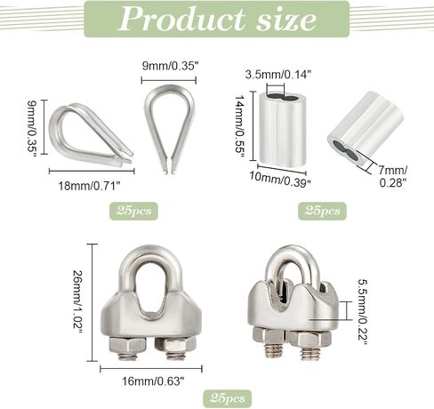 ahandmaker 75pcs سلك حبل المشبك عدة سلك معدني حبل كابل كليب المشابك الخرز المنزلق والكشتبانات الفولاذ المقاوم للصدأ لتسلق النباتات الكرمة والجدار الأخضر، مجموعة غير متوترة لجدار الطوب، لوحات السياج in Kuwait