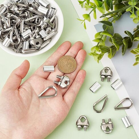 ahandmaker 75pcs سلك حبل المشبك عدة سلك معدني حبل كابل كليب المشابك الخرز المنزلق والكشتبانات الفولاذ المقاوم للصدأ لتسلق النباتات الكرمة والجدار الأخضر، مجموعة غير متوترة لجدار الطوب، لوحات السياج in Kuwait