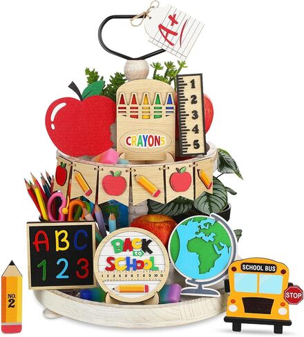 14 Pcs Back to School Tiered Tray Decorations First Day of School Wooden Table Centerpiece Assorted Freestanding Back to School Tiered Tray Signs for Students Teacher Gift Classroom Home in Saudi Arabia