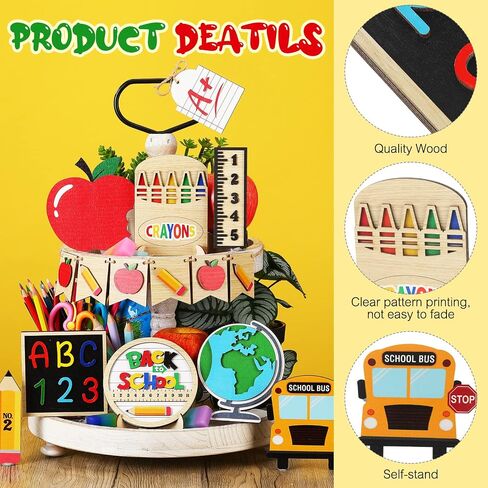 14 Pcs Back to School Tiered Tray Decorations First Day of School Wooden Table Centerpiece Assorted Freestanding Back to School Tiered Tray Signs for Students Teacher Gift Classroom Home in Saudi Arabia