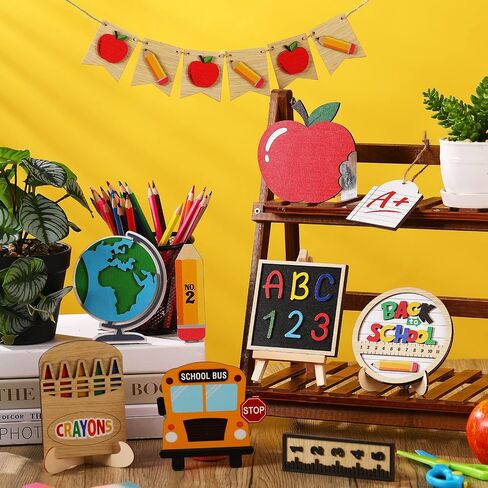 14 Pcs Back to School Tiered Tray Decorations First Day of School Wooden Table Centerpiece Assorted Freestanding Back to School Tiered Tray Signs for Students Teacher Gift Classroom Home in Saudi Arabia