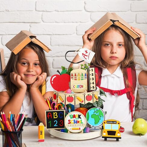 14 Pcs Back to School Tiered Tray Decorations First Day of School Wooden Table Centerpiece Assorted Freestanding Back to School Tiered Tray Signs for Students Teacher Gift Classroom Home in Saudi Arabia