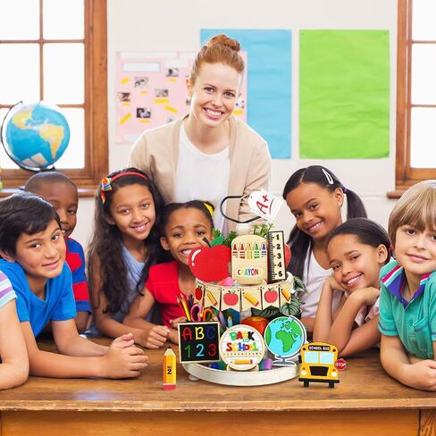 14 Pcs Back to School Tiered Tray Decorations First Day of School Wooden Table Centerpiece Assorted Freestanding Back to School Tiered Tray Signs for Students Teacher Gift Classroom Home in Saudi Arabia