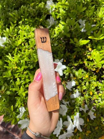 A&S Mezuzot Mezuzah Case for Door, Handcrafted Resin and Oak Wood mezzuza with scroll, Weatherproof Easy Peel and Stick Installation for Home Blessing and Protection (White, 6 Inches) in Saudi Arabia